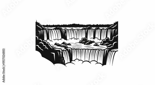 A striking black and white woodcut-style depiction of a powerful waterfall system