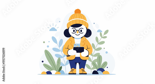 Whimsical character in warm attire holds a device, surrounded by abstract nature elements
