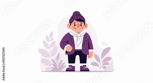 Stylized person wearing a beanie, jacket, and scarf, with foliage