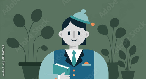 A person in a vest, tie, and hat holds a book, with plants in the background