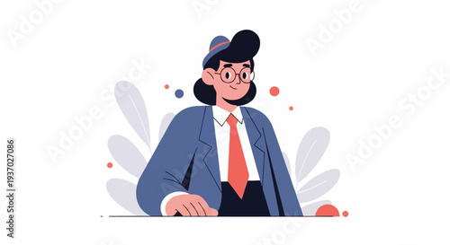 Stylized person in a suit and hat, surrounded by abstract shapes