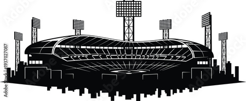 Modern Sports Stadium Arena Silhouette Vector Illustration with Floodlights and City Skyline for Football Soccer Baseball Event Venue Architecture and Championship Competition Design Isolated