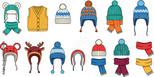 Winter Hats and Scarves Collection with Knitted Beanies, Earflap Caps and Warm Clothing Accessories Vector Illustration Set