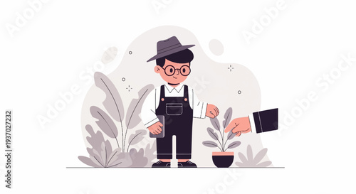 Young boy in overalls and hat tends to a potted plant with another hand