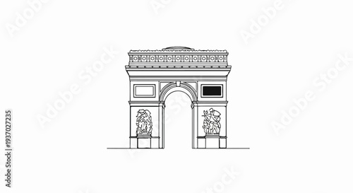 Detailed line drawing of a grand triumphal arch with intricate carvings and decorative moldings