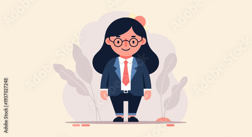 Stylized character in business attire with glasses, set against a soft pastel background with abstract plant shapes