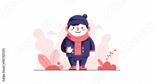 A cheerful cartoon boy dressed warmly in winter attire stands amidst stylized foliage and clouds
