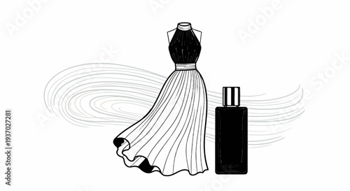 Elegant black dress on display next to a perfume bottle with swirling scent lines