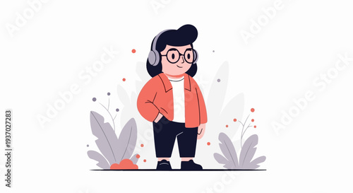 Cheerful person with headphones and glasses, standing amidst abstract foliage and scattered dots