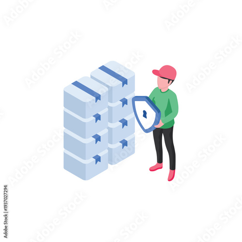 Cartoon Man Protecting Stacks of Bundled Cash Money.