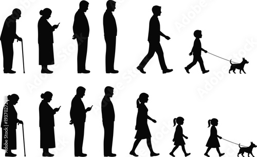 Human Life Stages Silhouette Collection from Elderly to Child Walking and Daily Activity Vector Illustration Set