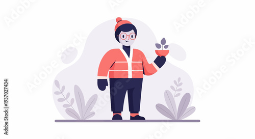A person in a warm jacket and hat holds a small potted plant with purple leaves