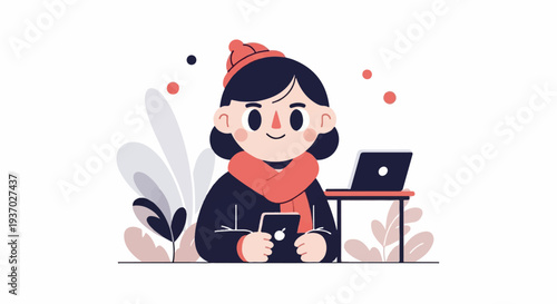 A girl in a hat and scarf looks at her phone, with a laptop on a small table