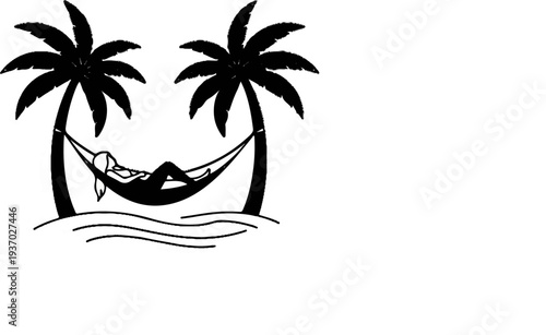 Person relaxing in a hammock strung between two palm trees over water