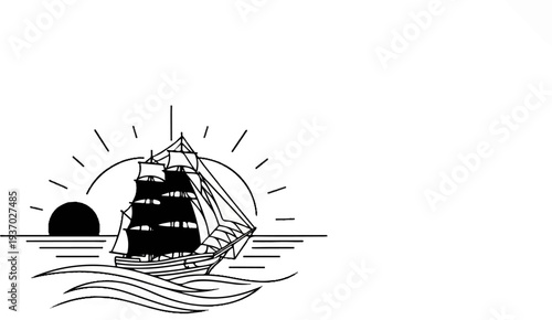 Sailing ship navigating waters at sunset with radiating sunbeams