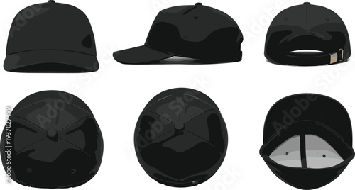 Black Baseball Cap Mockup Set with Front Back Side and Top Views Realistic Headwear Template Vector Illustration