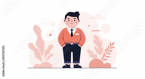 A cheerful, stylized man stands confidently with hands in pockets, surrounded by soft pink foliage