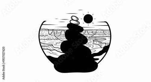 Stylized balanced rocks sit before a sunlit canyon vista under a cloudy sky