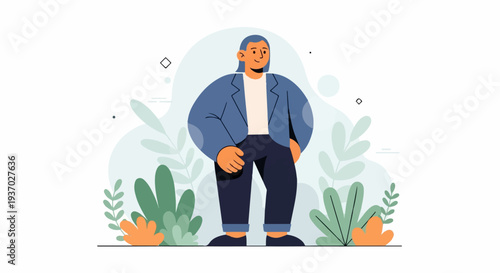 Flat illustration of a person in a blue blazer and dark pants, standing amidst lush green foliage