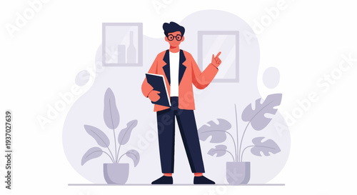 A man in a blazer and glasses holds a folder and gestures upwards