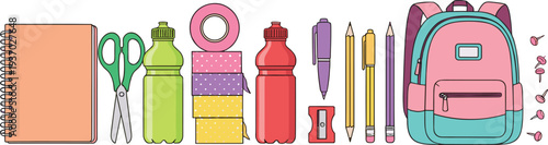School Supplies Collection with Notebook, Backpack, Pencils, Scissors and Water Bottles Back to School Vector Illustration Set