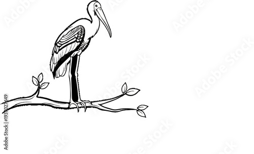 Stylized black ink drawing of a bird perched on a branch with leaves