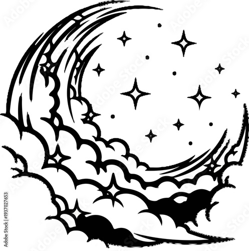 Stylized crescent moon emerges from swirling clouds amidst twinkling stars