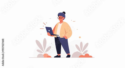 Person with laptop and abstract plants