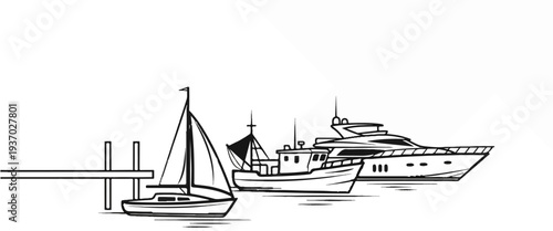 Stylized line drawing of three boats at a dock