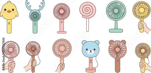 Cute Portable Hand Fan Collection with Animal Designs and Mini Electric Cooling Fans Vector Illustration Set