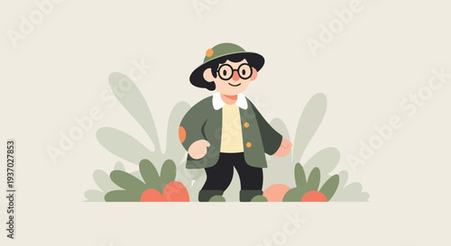 A joyful explorer in a green hat and jacket stands amidst whimsical greenery