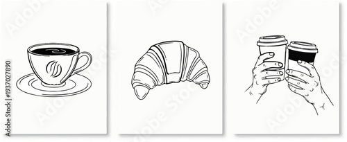 Three panels coffee cup with bean, croissant, and hands holding coffee cups