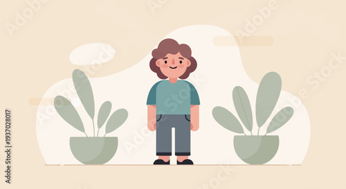 A minimalist illustration of a cheerful person standing between two potted plants