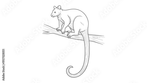 Possum on a Branch: A delicate illustration of a possum perched gracefully on a tree branch, the focus is on natural line art.
