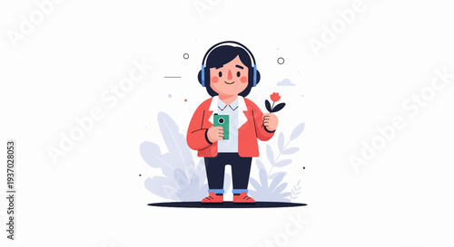Cheerful person in headphones holds a flower and phone amidst abstract foliage