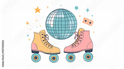 Vintage disco ball, roller skates, and cassette illustrations