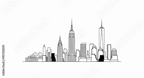 A minimalist line drawing of a city skyline with iconic skyscrapers