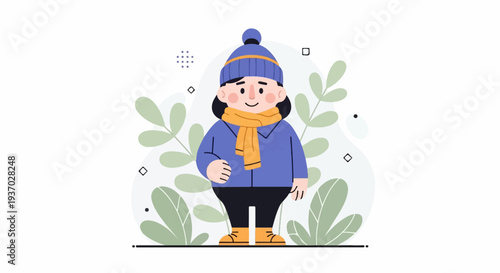 A person in winter attire stands amidst stylized foliage with abstract shapes