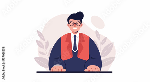 A smiling man in a suit with glasses and a vest sits at a table