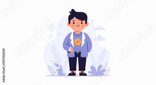 A cartoon character resembling a young boy in a lab coat with a yellow emblem