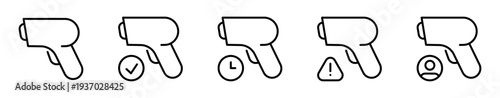 Barcode reader icons set. Scanning, scanner sign. Scan symbol. Check, exclamation mark, clock time, user. Black linear vector icon collection. For apps, website, business, ui, ux design, infographic.
