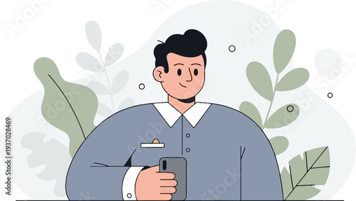 Modern man with dark hair smiles, holding phone, surrounded by stylized leaves