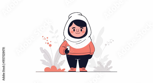 A cheerful character in a white hood, coral sweater, dark pants, and orange shoes holds a phone