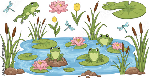 Cute cartoon pond life collection featuring green frogs lily pads lotus flowers dragonflies and cattails isolated on a white background.