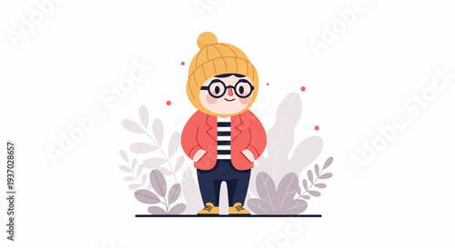 Cartoon character with beanie, glasses, and casual outfit stands in nature