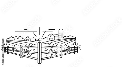 Rural farm scene with electric fence, barn, silo, and fields
