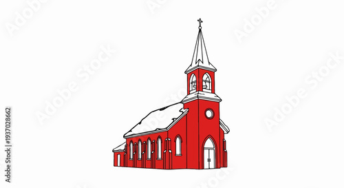 Red chapel with snow on its roof, bell tower, and a cross