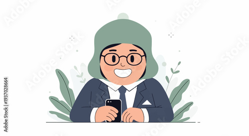 Cheerful person wearing a beanie and suit, holding a phone amidst plants
