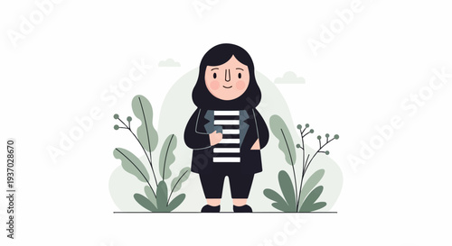 Stylized person in black attire and head covering, holding a mobile device, surrounded by greenery