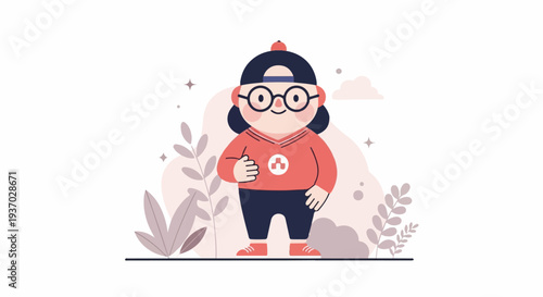 A cartoon person in a cap, glasses, and a red shirt stands amidst stylized foliage